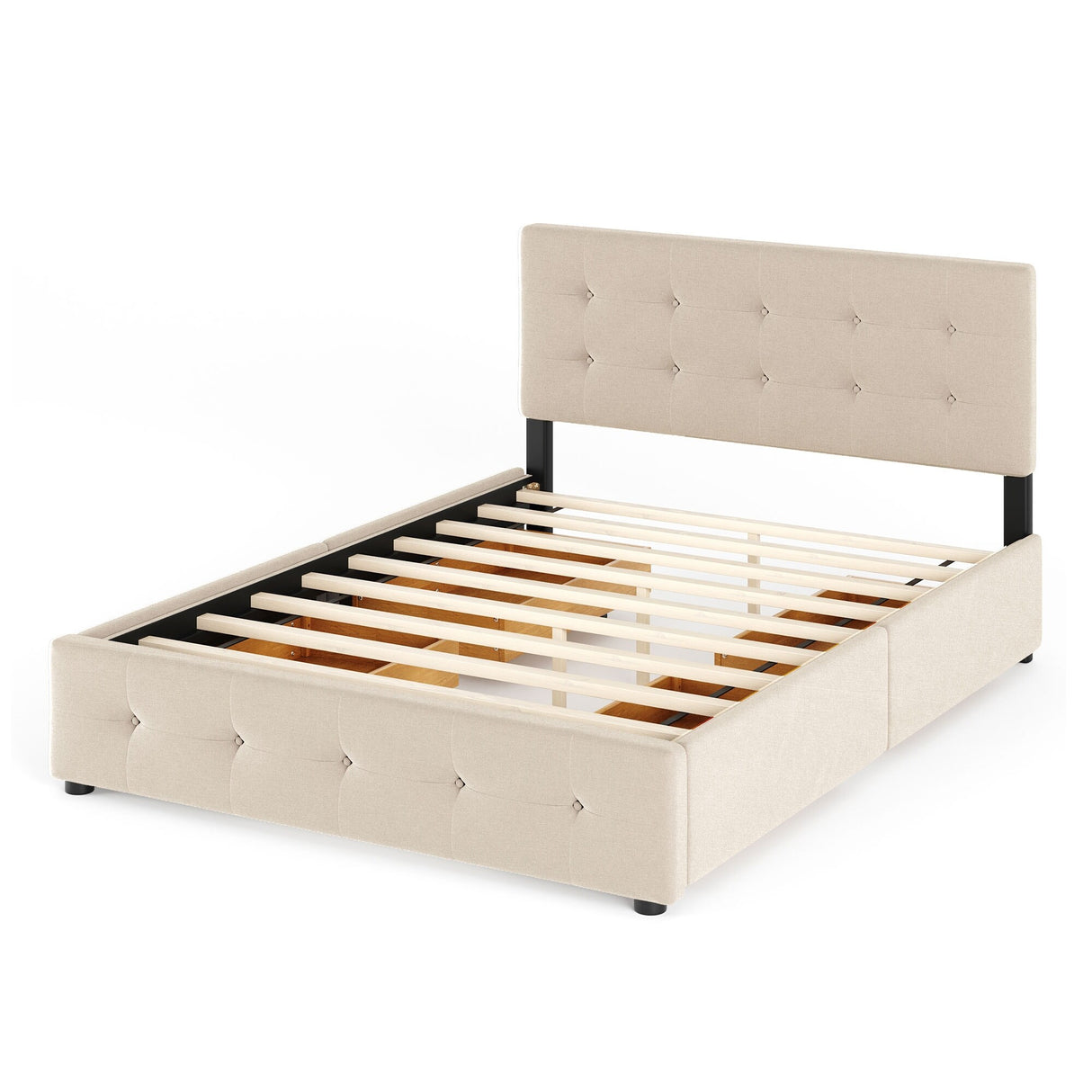 Upholstered Platform Bed with Classic Headboard and 4 Drawers, No Box Spring Needed, Linen Fabric, Queen Size