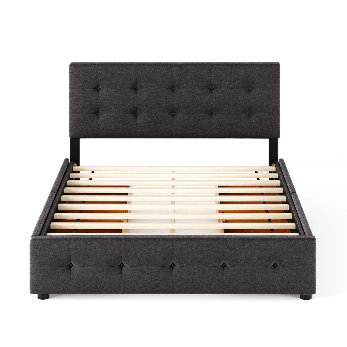 Upholstered Platform Bed with Classic Headboard and 4 Drawers, No Box Spring Needed, Linen Fabric, Queen Size