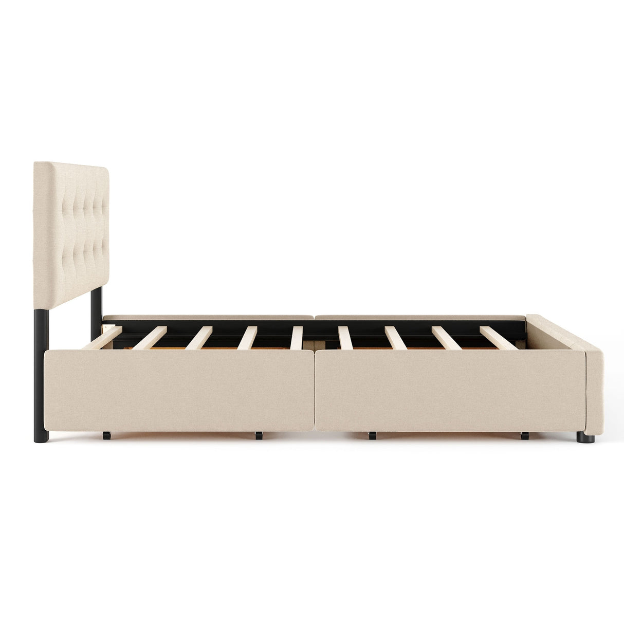 Upholstered Platform Bed with Classic Headboard and 4 Drawers, No Box Spring Needed, Linen Fabric, Queen Size