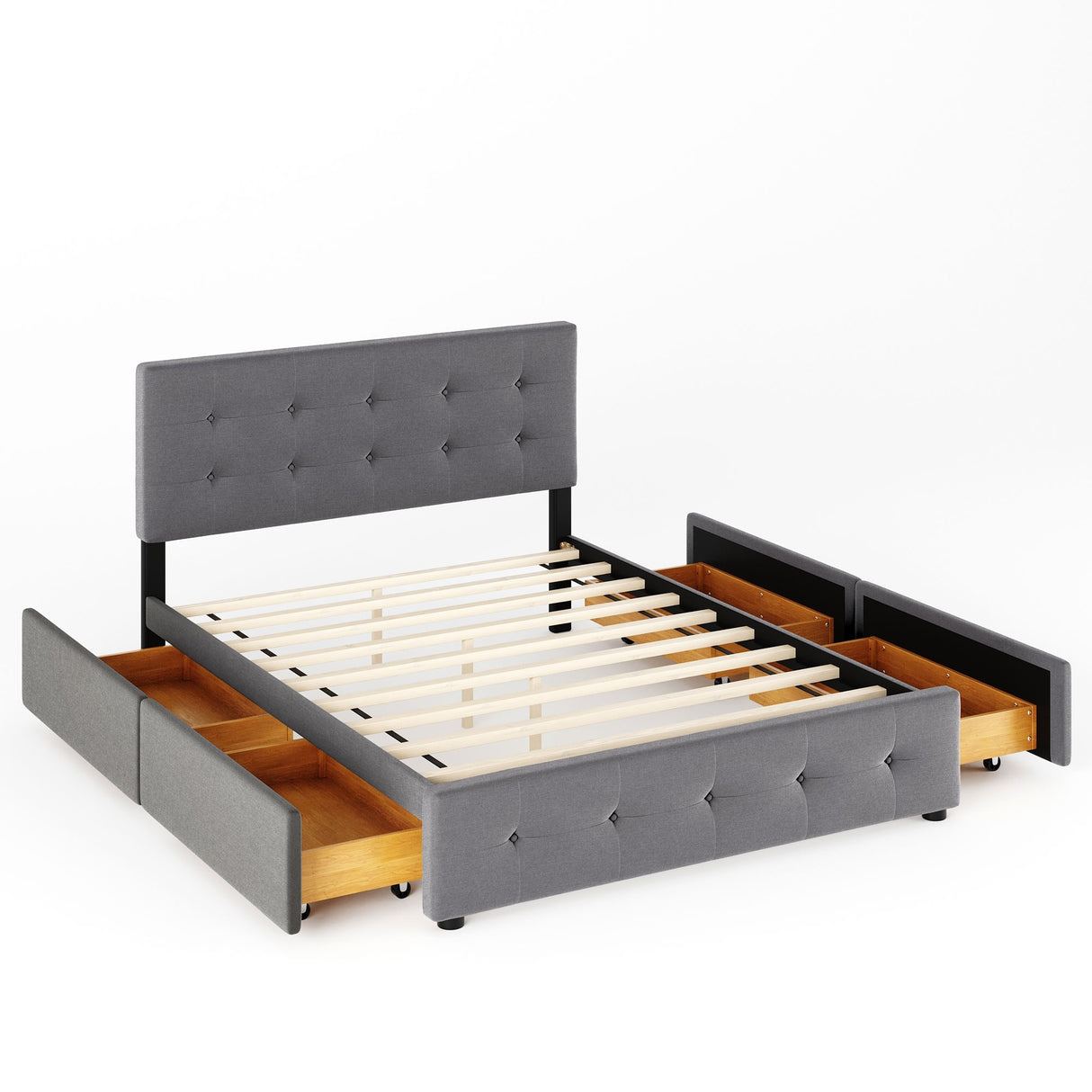 Upholstered Platform Bed with Classic Headboard and 4 Drawers, No Box Spring Needed, Linen Fabric, Queen Size