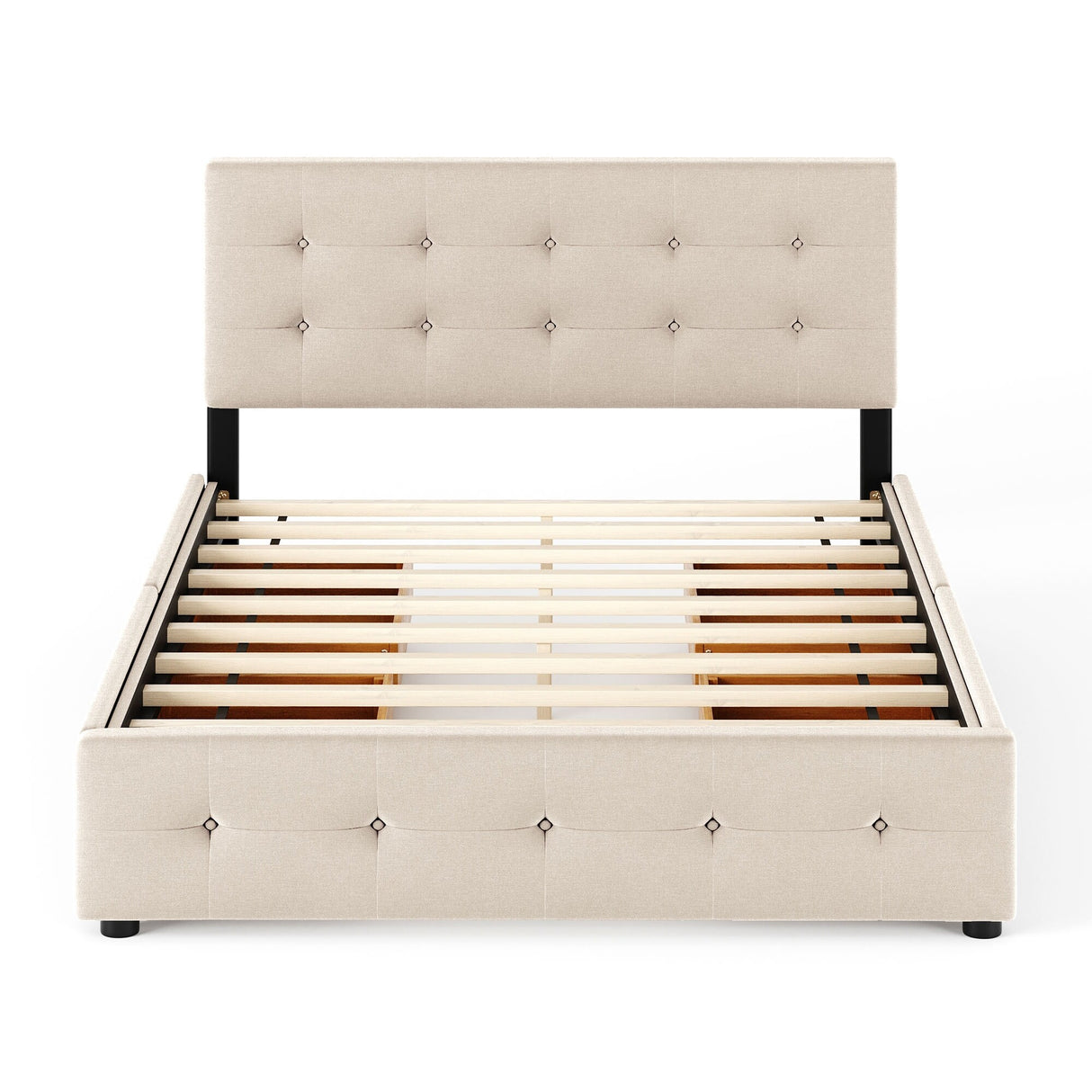 Upholstered Platform Bed with Classic Headboard and 4 Drawers, No Box Spring Needed, Linen Fabric, Queen Size