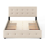 Upholstered Platform Bed with Classic Headboard and 4 Drawers, No Box Spring Needed, Linen Fabric, Queen Size