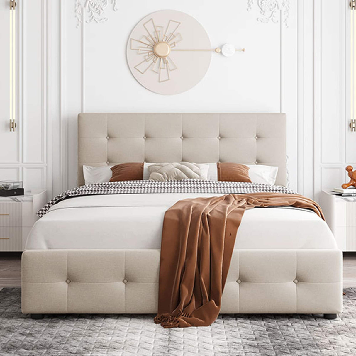 Upholstered Platform Bed with Classic Headboard and 4 Drawers, No Box Spring Needed, Linen Fabric, Queen Size