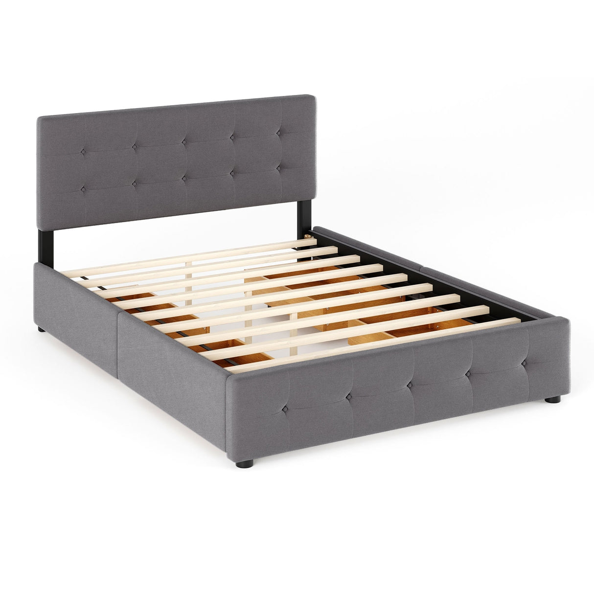Upholstered Platform Bed with Classic Headboard and 4 Drawers, No Box Spring Needed, Linen Fabric, Queen Size