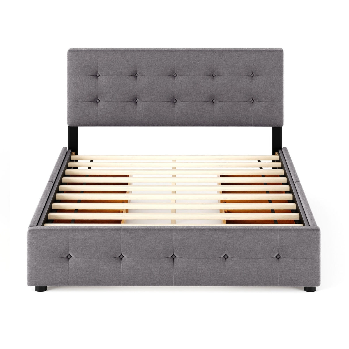 Upholstered Platform Bed with Classic Headboard and 4 Drawers, No Box Spring Needed, Linen Fabric, Queen Size