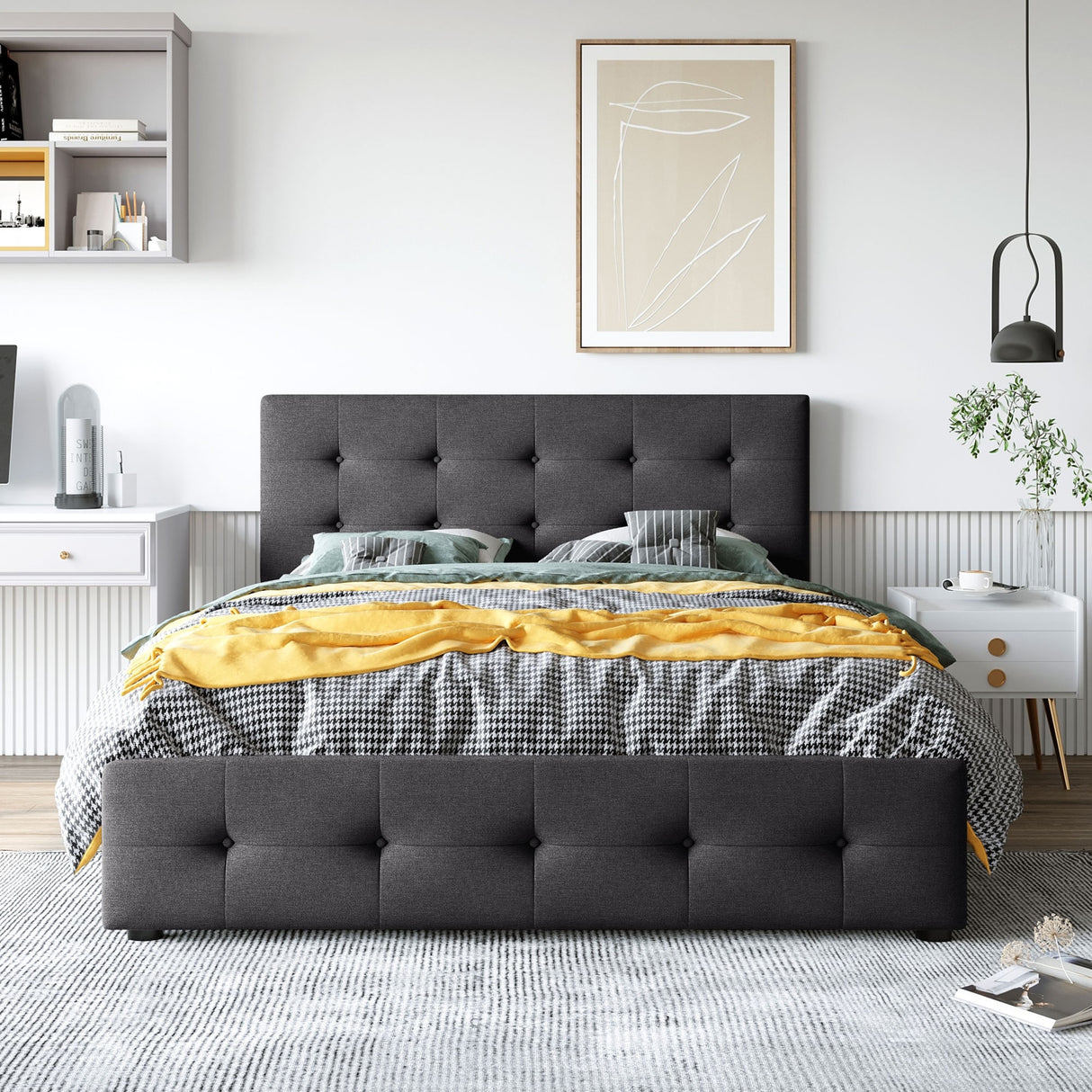 Upholstered Platform Bed with Classic Headboard and 4 Drawers, No Box Spring Needed, Linen Fabric, Queen Size