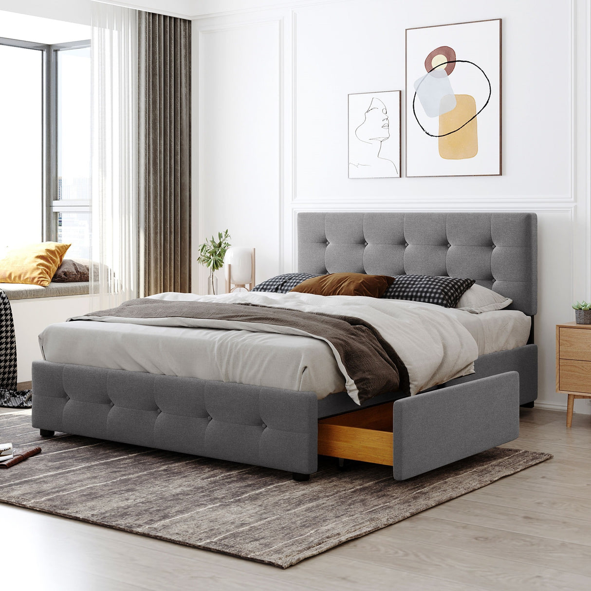 Upholstered Platform Bed with Classic Headboard and 4 Drawers, No Box Spring Needed, Linen Fabric, Queen Size