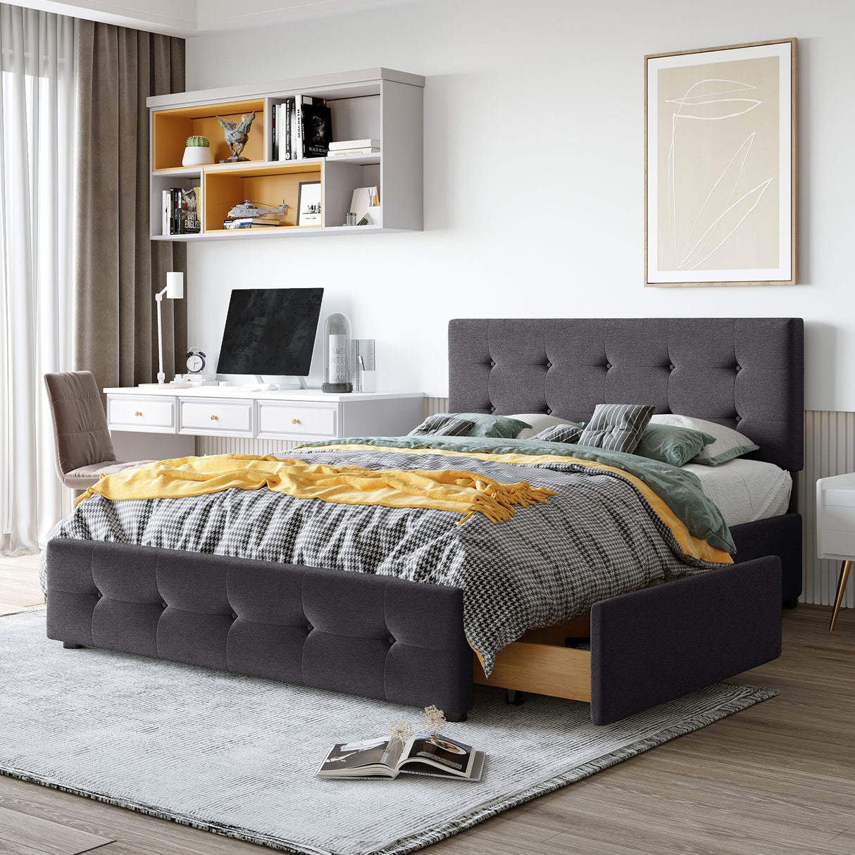 Upholstered Platform Bed with Classic Headboard and 4 Drawers, No Box Spring Needed, Linen Fabric, Queen Size