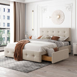 Upholstered Platform Bed with Classic Headboard and 4 Drawers, No Box Spring Needed, Linen Fabric, Queen Size
