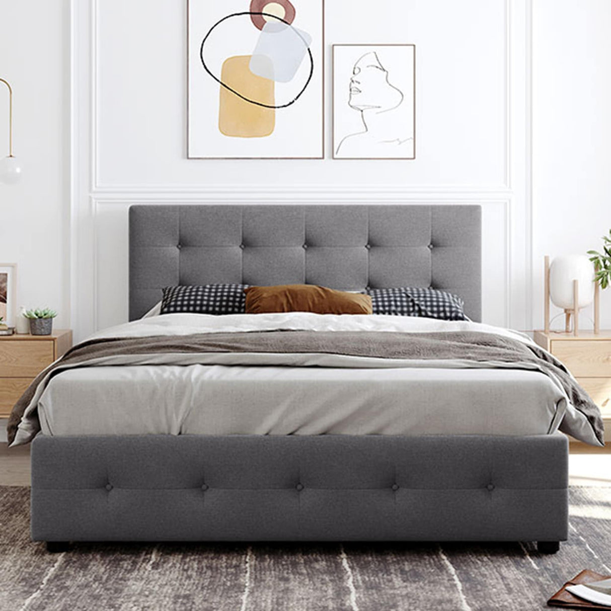 Upholstered Platform Bed with Classic Headboard and 4 Drawers, No Box Spring Needed, Linen Fabric, Queen Size