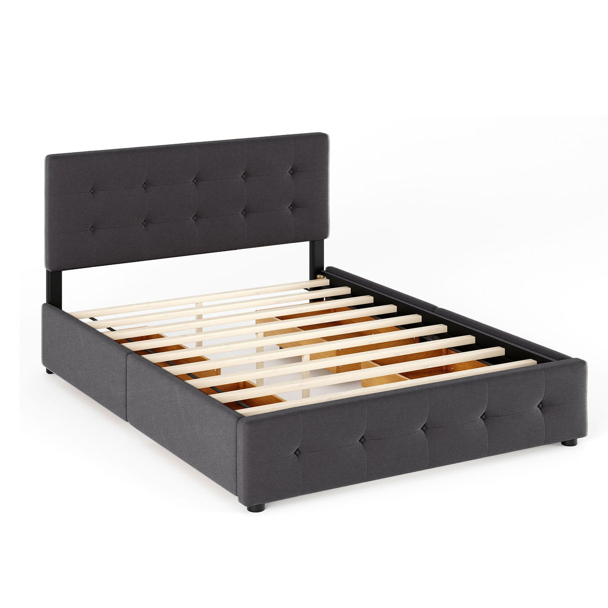 Upholstered Platform Bed with Classic Headboard and 4 Drawers, No Box Spring Needed, Linen Fabric, Queen Size