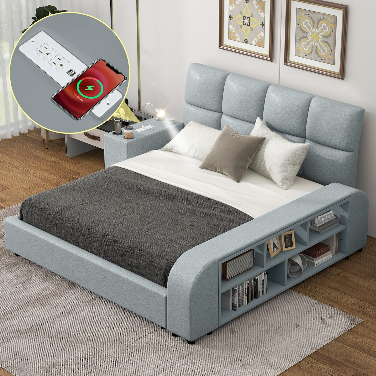 Upholstered Platform Bed with Multimedia Nightstand and Storage Shelves