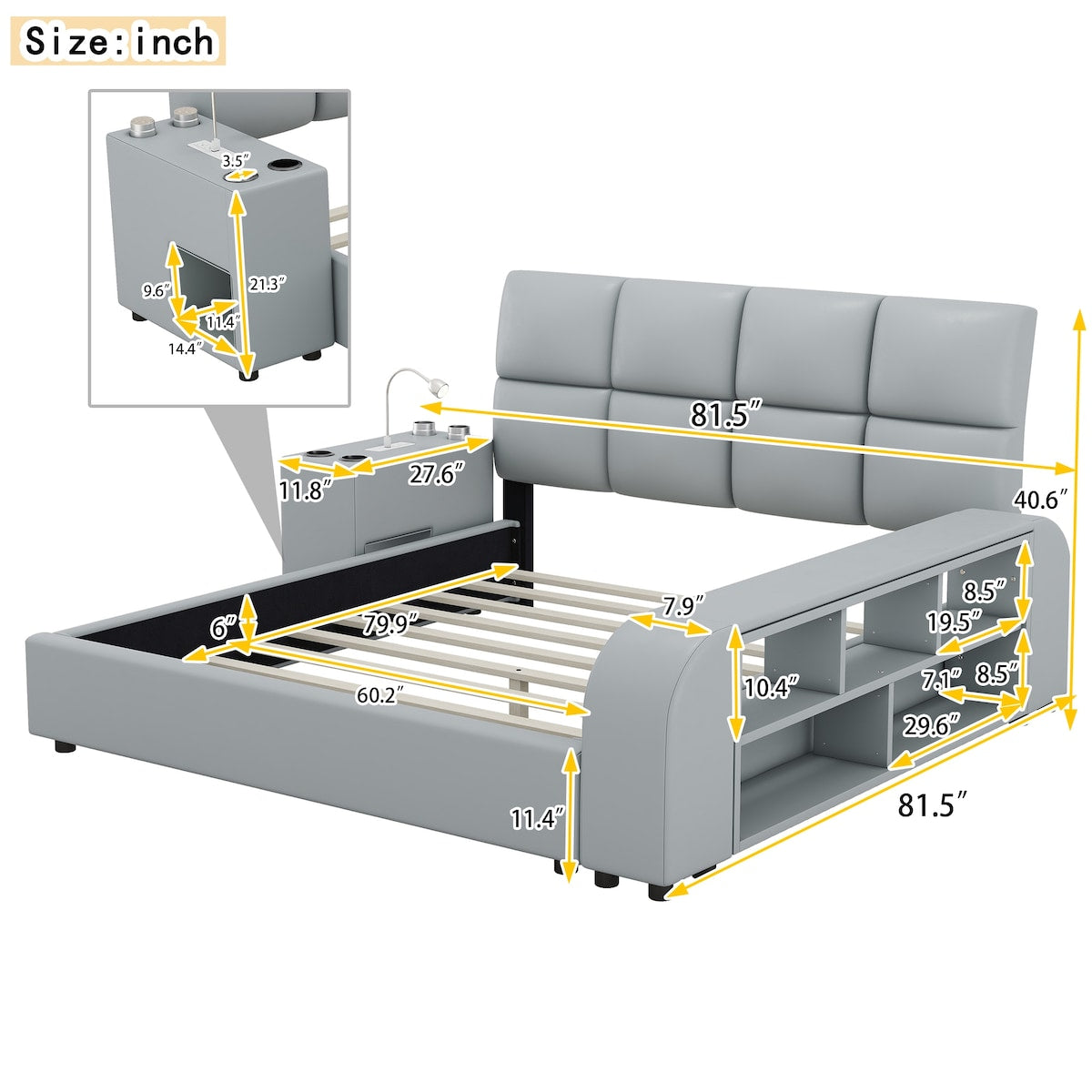 Upholstered Platform Bed with Multimedia Nightstand and Storage Shelves