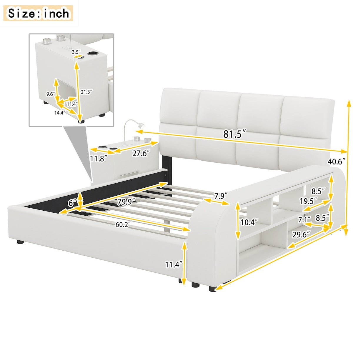 Upholstered Platform Bed with Multimedia Nightstand and Storage Shelves