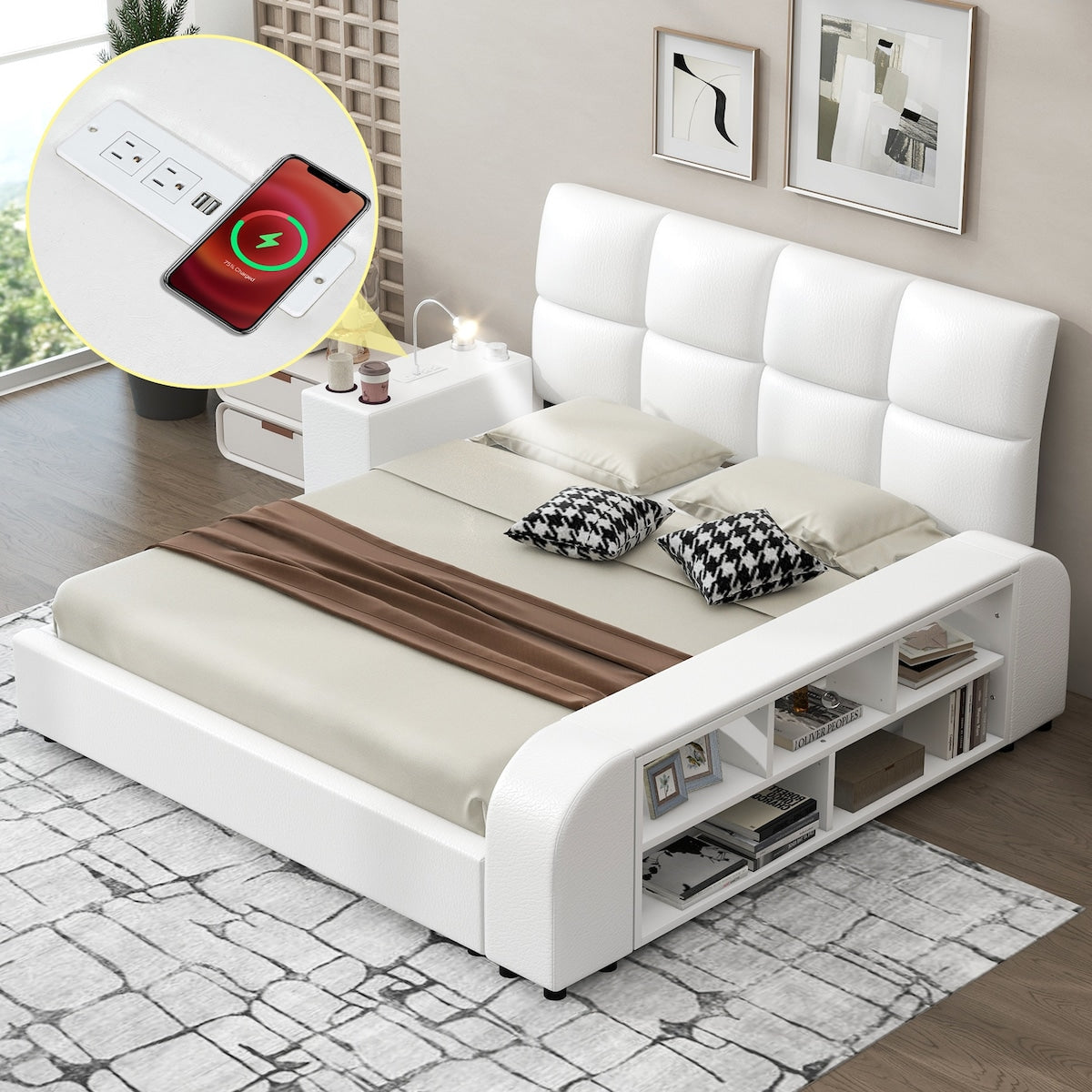 Upholstered Platform Bed with Multimedia Nightstand and Storage Shelves