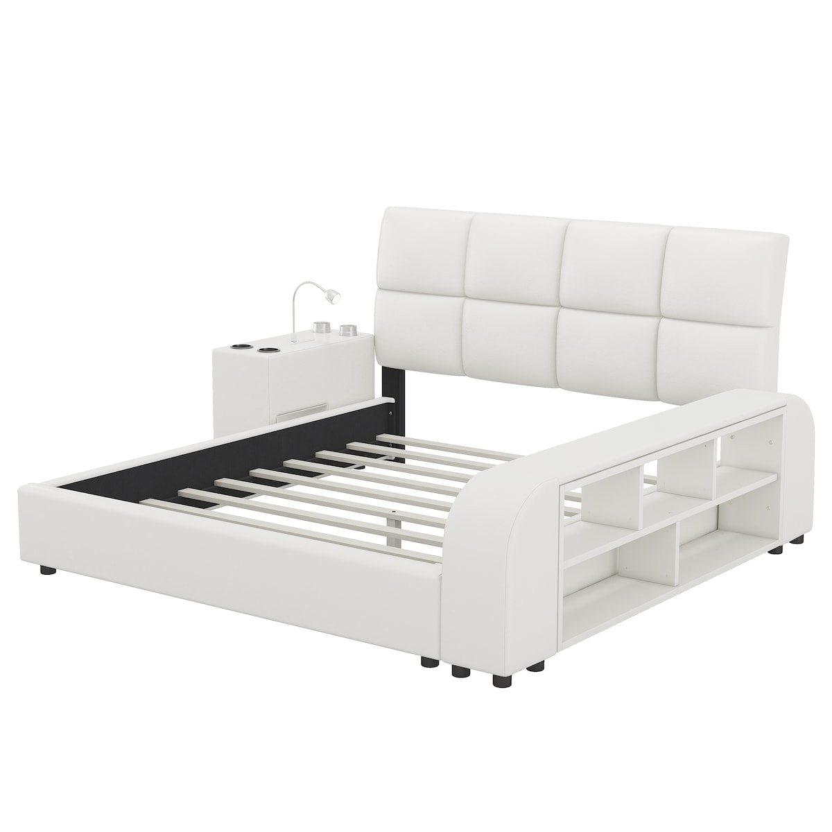 Upholstered Platform Bed with Multimedia Nightstand and Storage Shelves