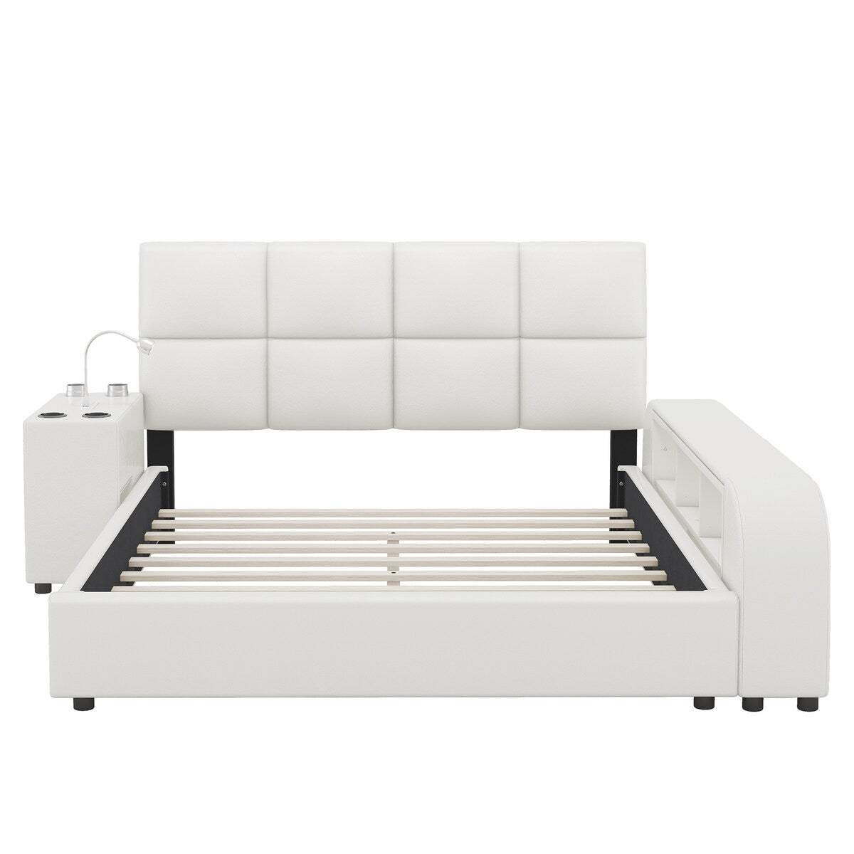 Upholstered Platform Bed with Multimedia Nightstand and Storage Shelves