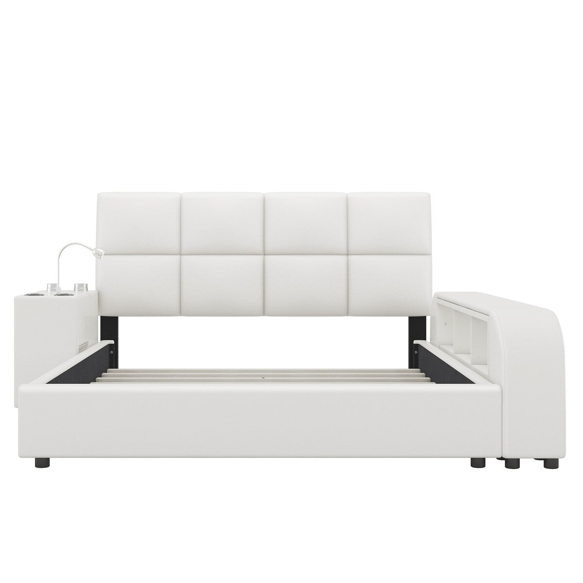 Upholstered Platform Bed with Multimedia Nightstand and Storage Shelves