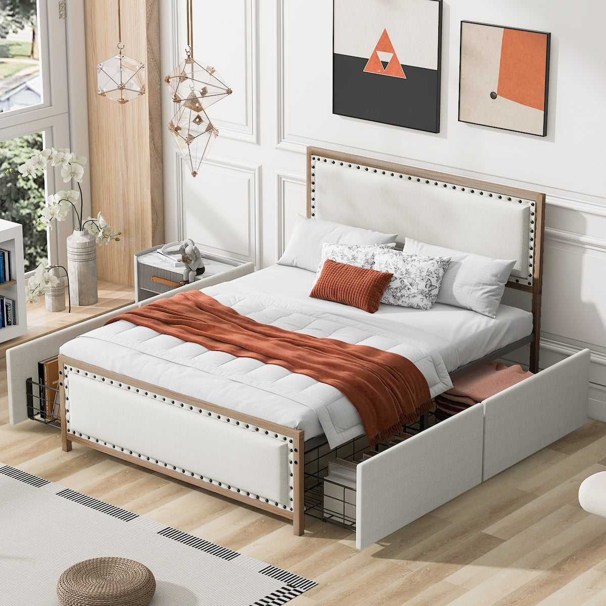 Upholstered Platform Bed with Nailhead Decoration and 4 Drawers