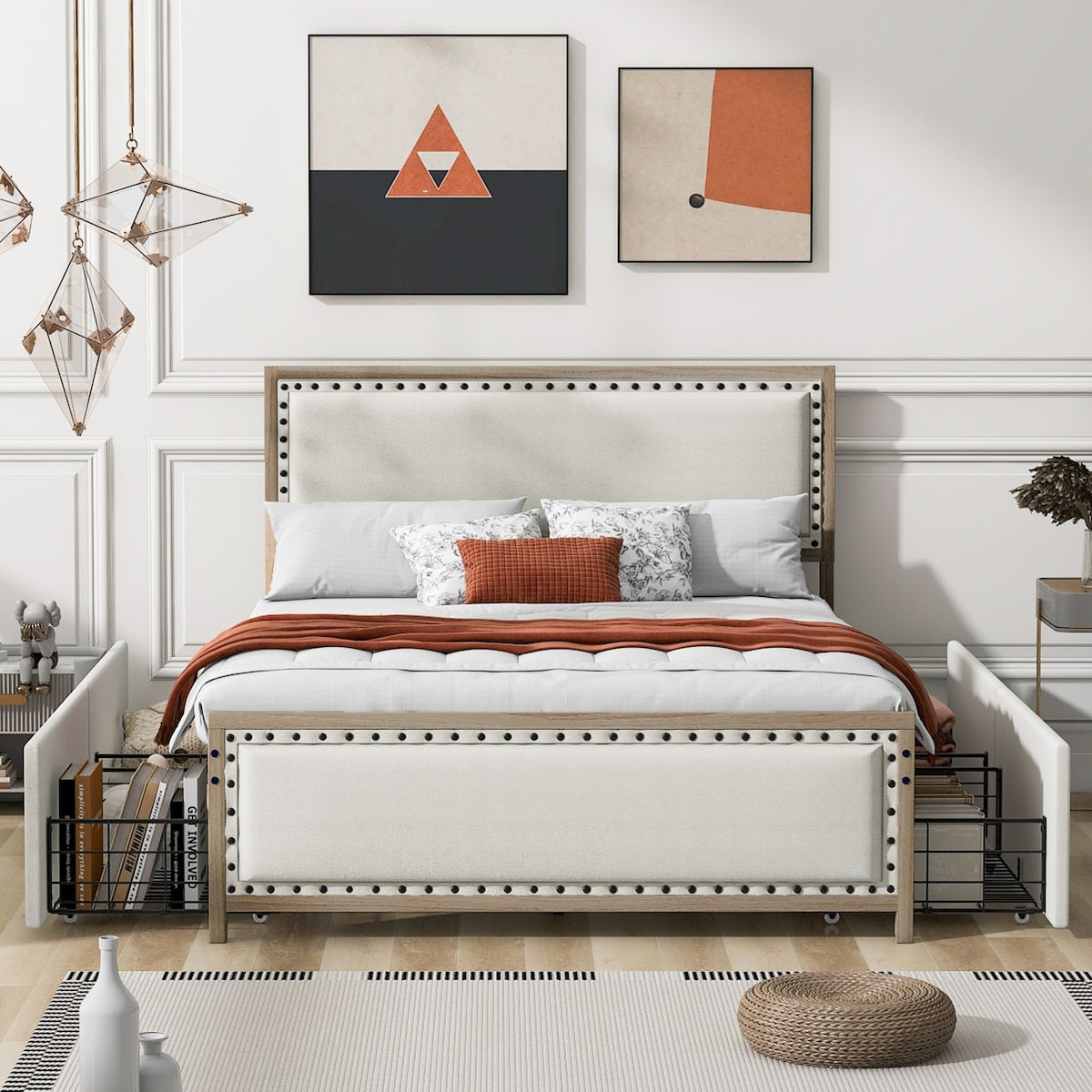Upholstered Platform Bed with Nailhead Decoration and 4 Drawers