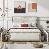 Upholstered Platform Bed with Nailhead Decoration and 4 Drawers