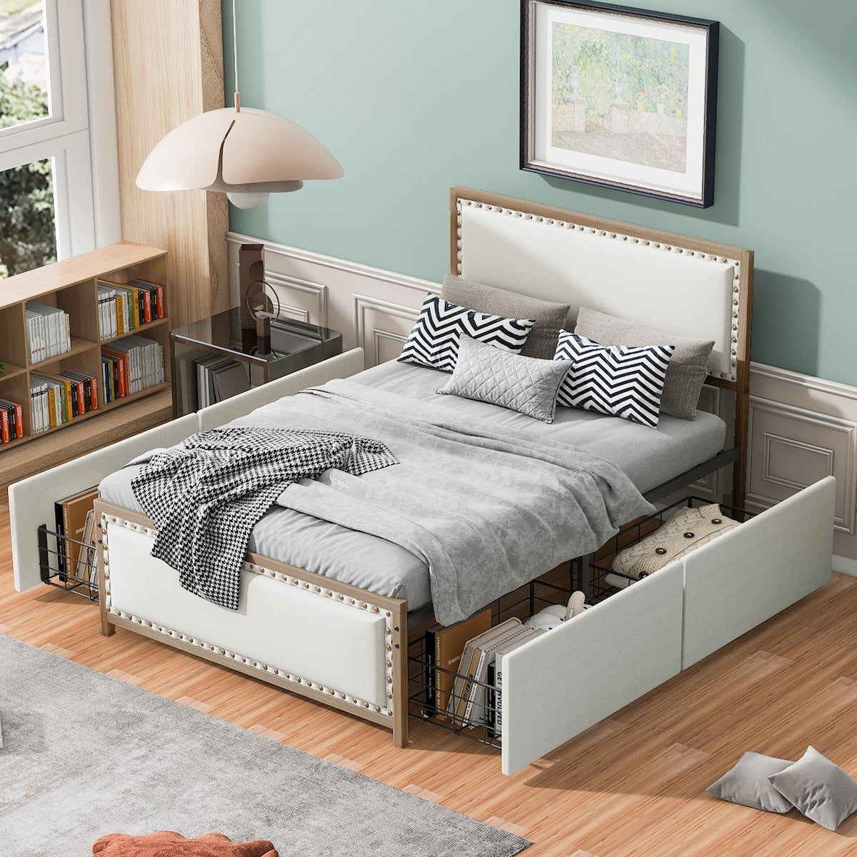 Upholstered Platform Bed with Nailhead Decoration and 4 Drawers
