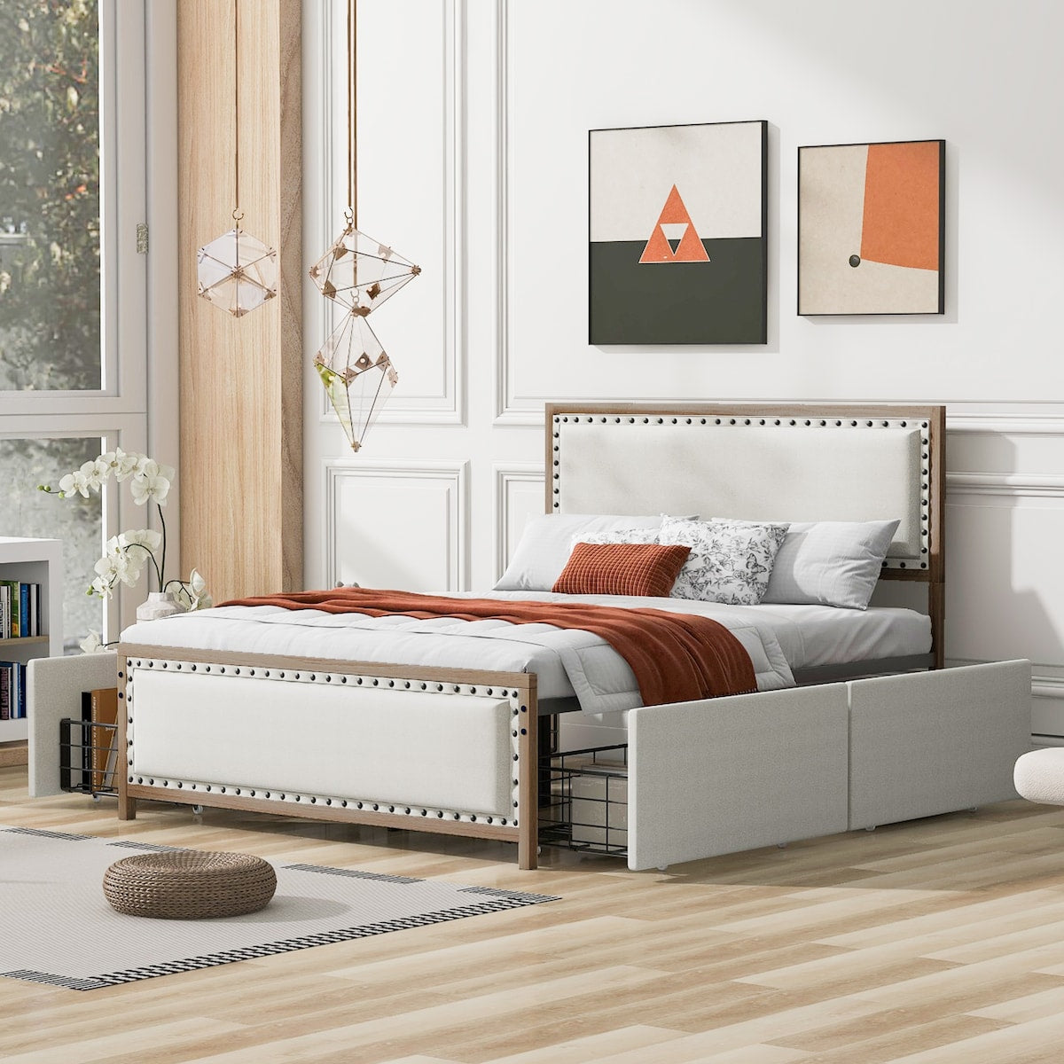 Upholstered Platform Bed with Nailhead Decoration and 4 Drawers