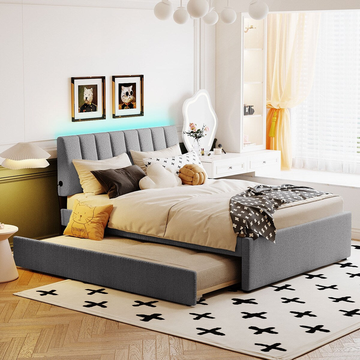 Upholstered Platform Bed with Pull out Trundle Bed LED Lights Slat Overstock