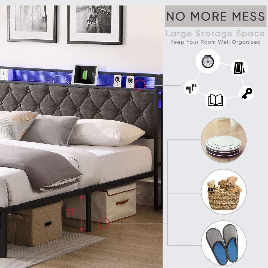 Upholstered Platform Bed with Storage Headboard and Heavy Metal Slats