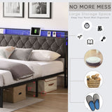 Upholstered Platform Bed with Storage Headboard and Heavy Metal Slats