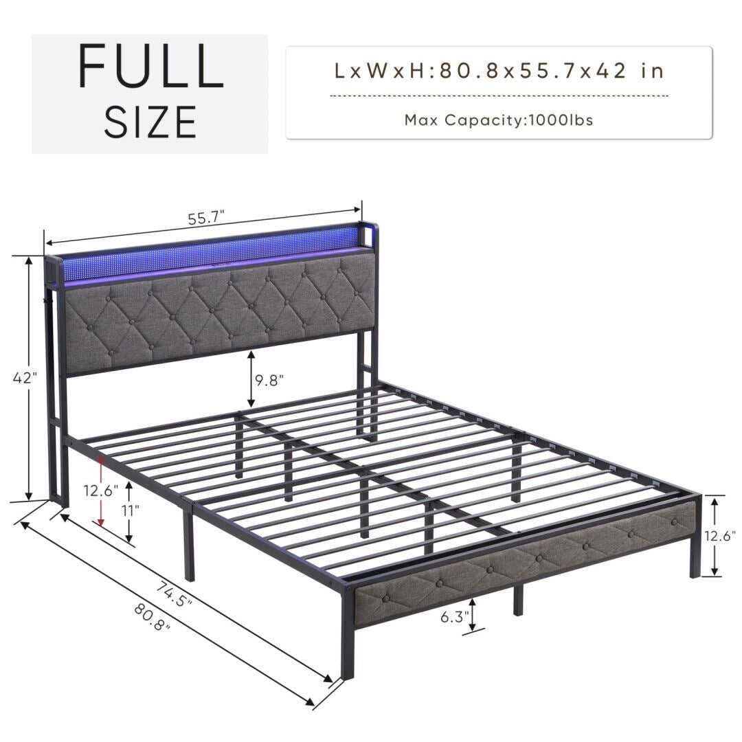 Upholstered Platform Bed with Storage Headboard and Heavy Metal Slats