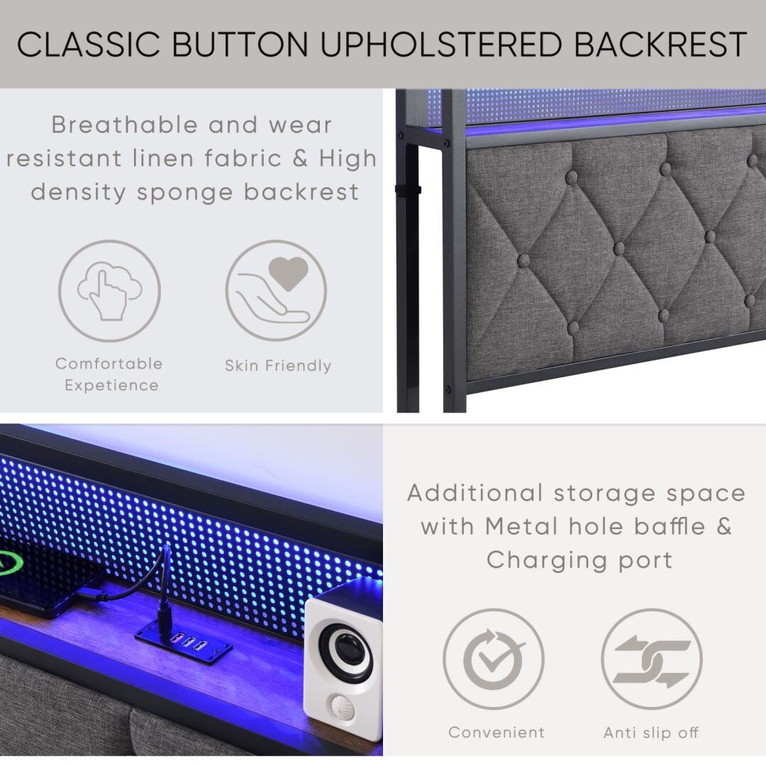 Upholstered Platform Bed with Storage Headboard and Heavy Metal Slats