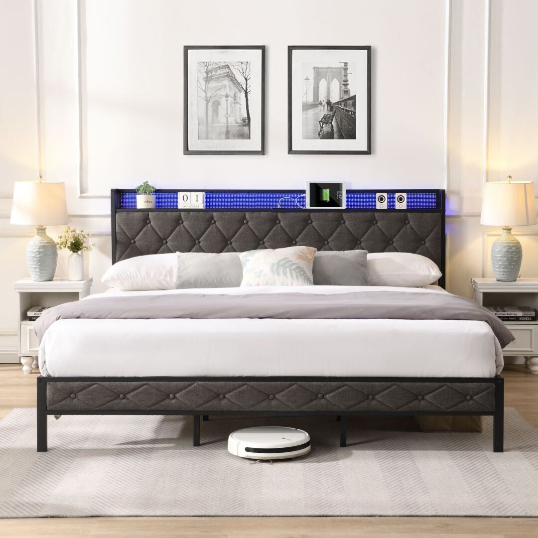 Upholstered Platform Bed with Storage Headboard and Heavy Metal Slats