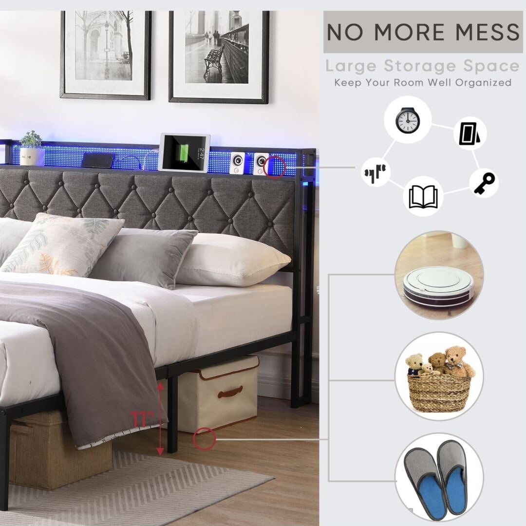 Upholstered Platform Bed with Storage Headboard and Heavy Metal Slats