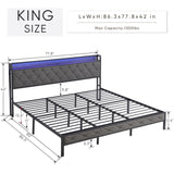 Upholstered Platform Bed with Storage Headboard and Heavy Metal Slats