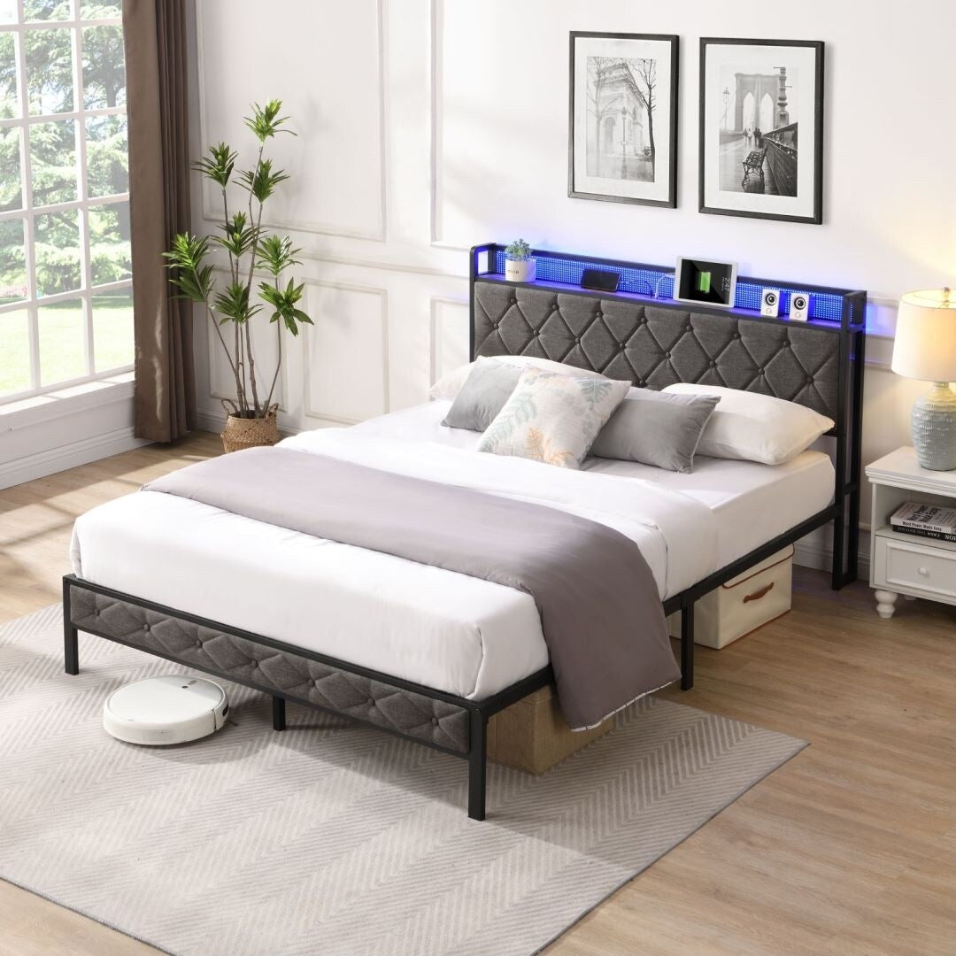 Upholstered Platform Bed with Storage Headboard and Heavy Metal Slats