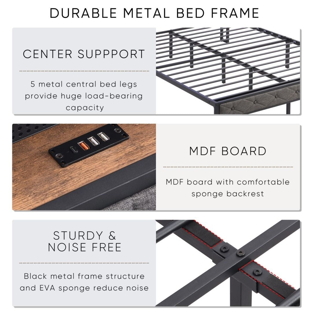 Upholstered Platform Bed with Storage Headboard and Heavy Metal Slats