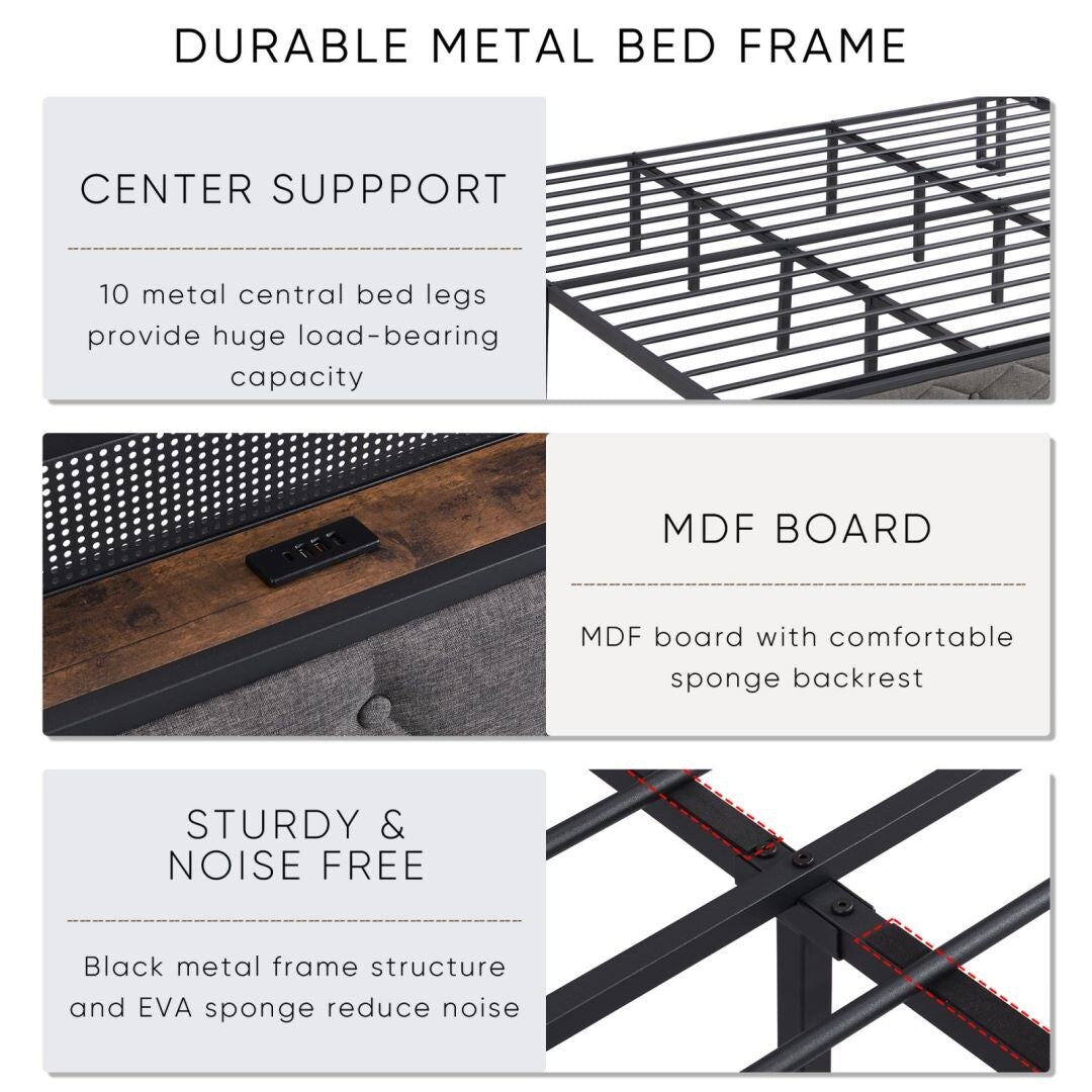 Upholstered Platform Bed with Storage Headboard and Heavy Metal Slats