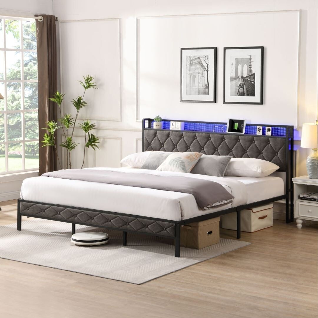 Upholstered Platform Bed with Storage Headboard and Heavy Metal Slats