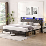 Upholstered Platform Bed with Storage Headboard and Heavy Metal Slats