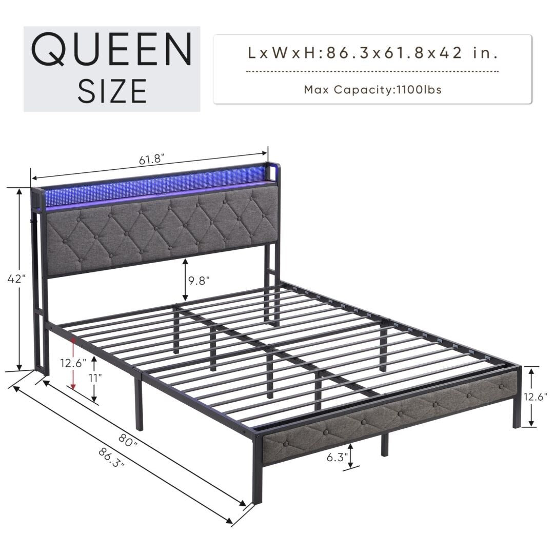 Upholstered Platform Bed with Storage Headboard and Heavy Metal Slats