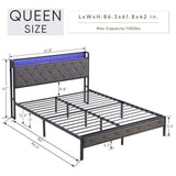 Upholstered Platform Bed with Storage Headboard and Heavy Metal Slats