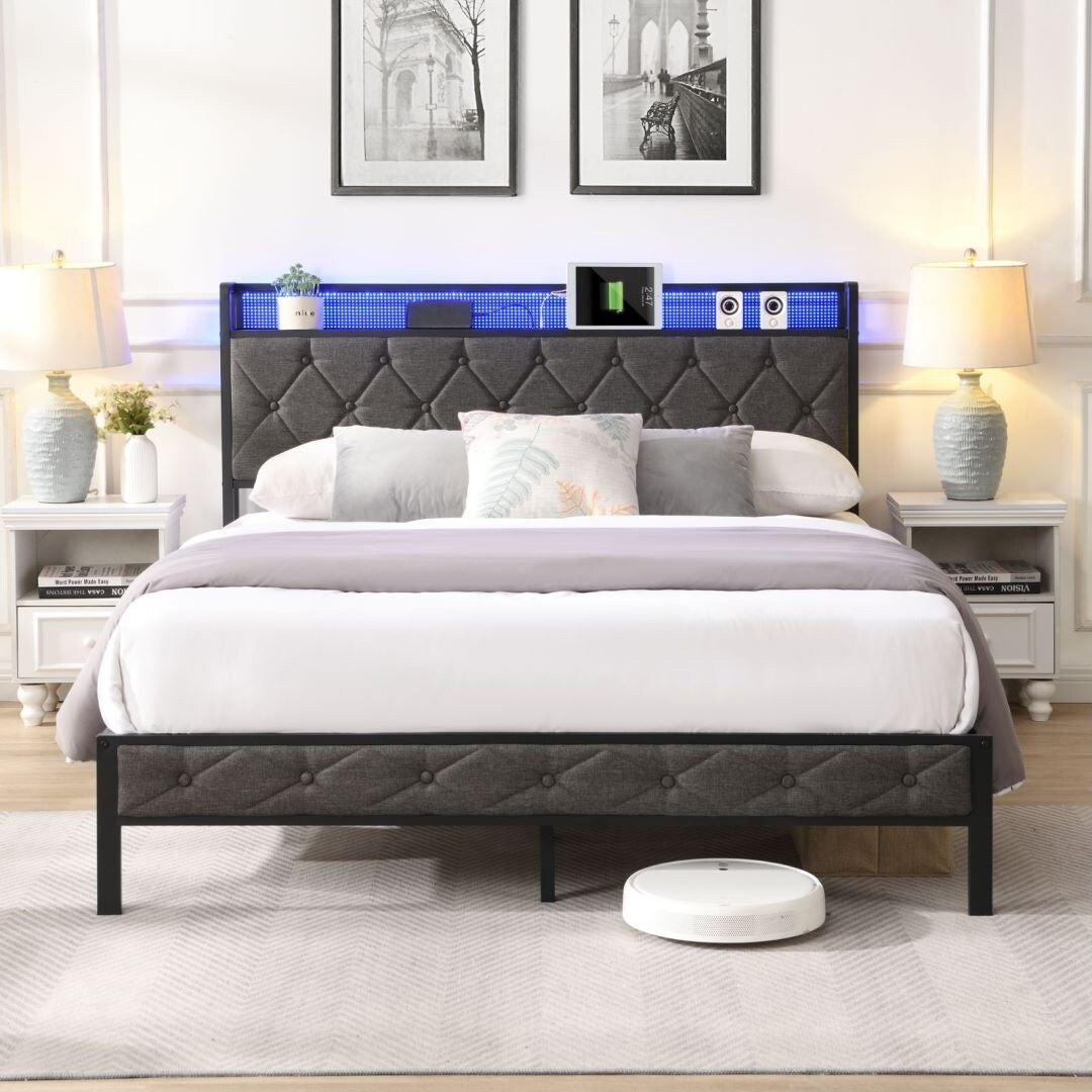 Upholstered Platform Bed with Storage Headboard and Heavy Metal Slats