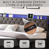 Upholstered Platform Bed with Storage Headboard and Heavy Metal Slats