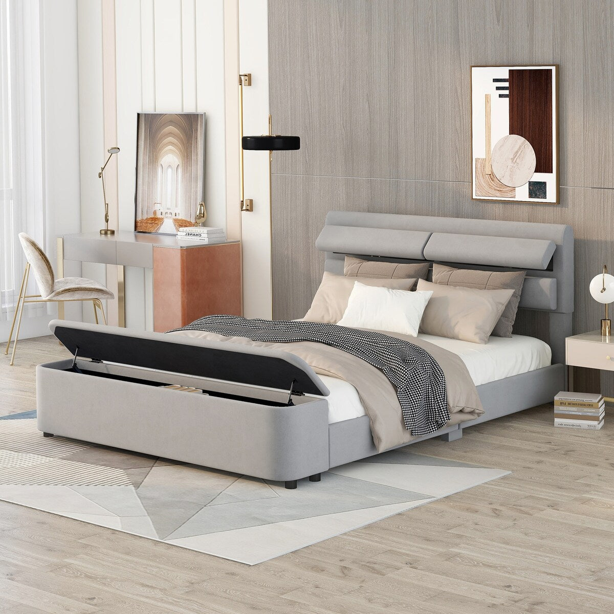 Upholstered Platform Bed with Storage Headboard
