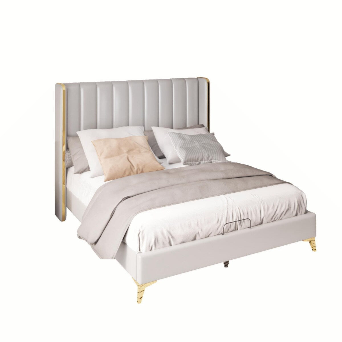 Upholstered Platform Bed with Thickening Pinewooden Slats and Metal Leg, King Size Bed Frame, Light Grey
