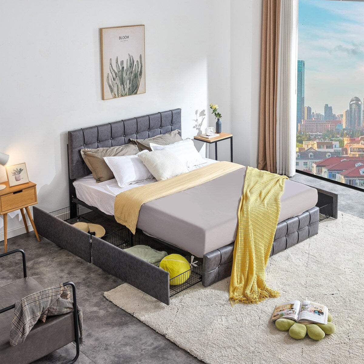 Upholstered Platform Bed with four Storage Drawers