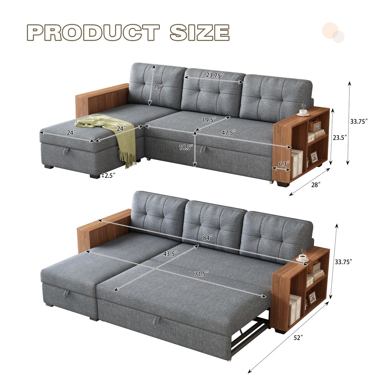 Upholstered Pull Out Convertible Sectional Sofa with Storage Chaise