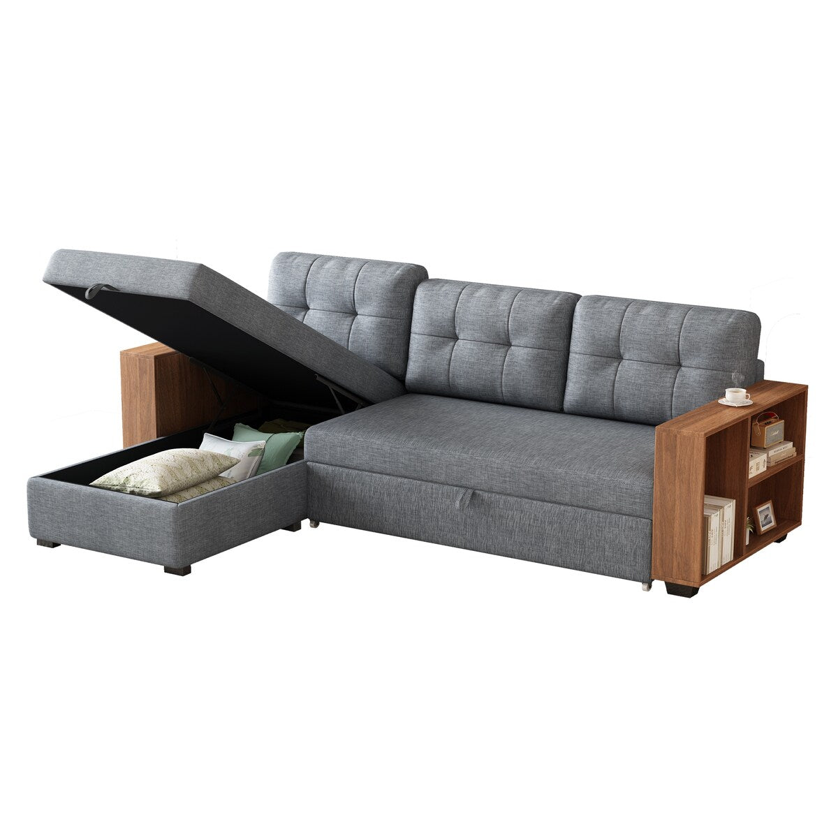Upholstered Pull Out Convertible Sectional Sofa with Storage Chaise