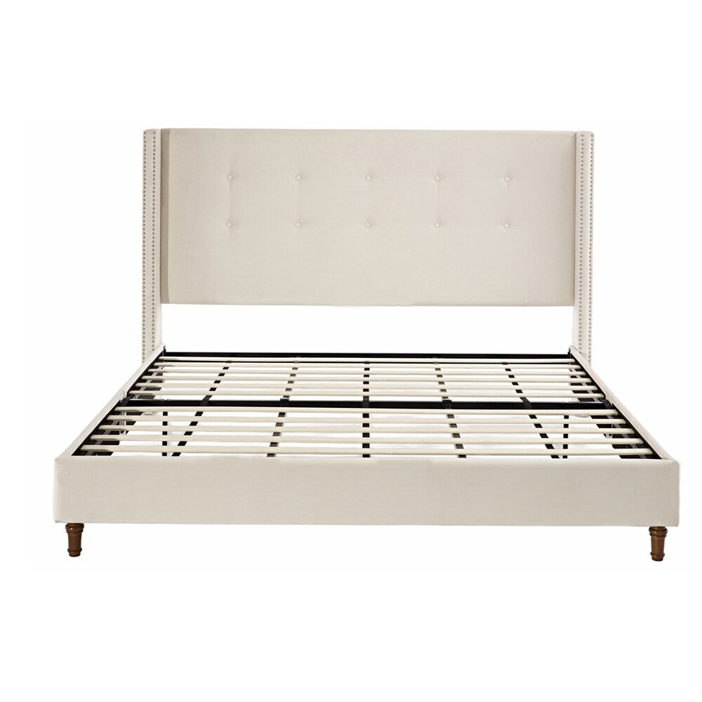Upholstered Queen Bed with Nailhead Trim Wingback Headboard